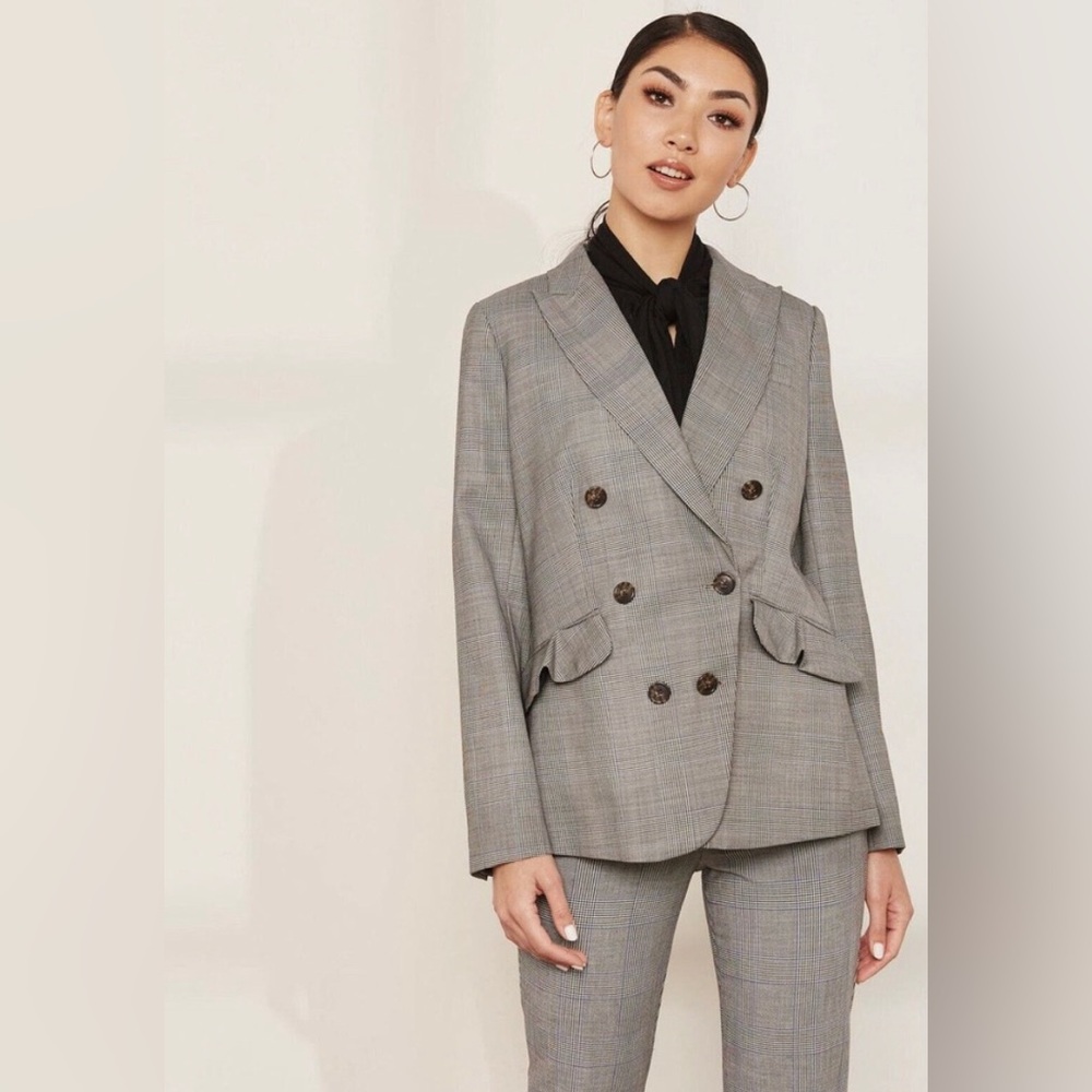 J. Crew Glen Plaid Blazer with flutter pocket double breasted (tan and blue)